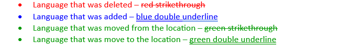 To help you understand the changes in the documents, you will see the following colors and lines: