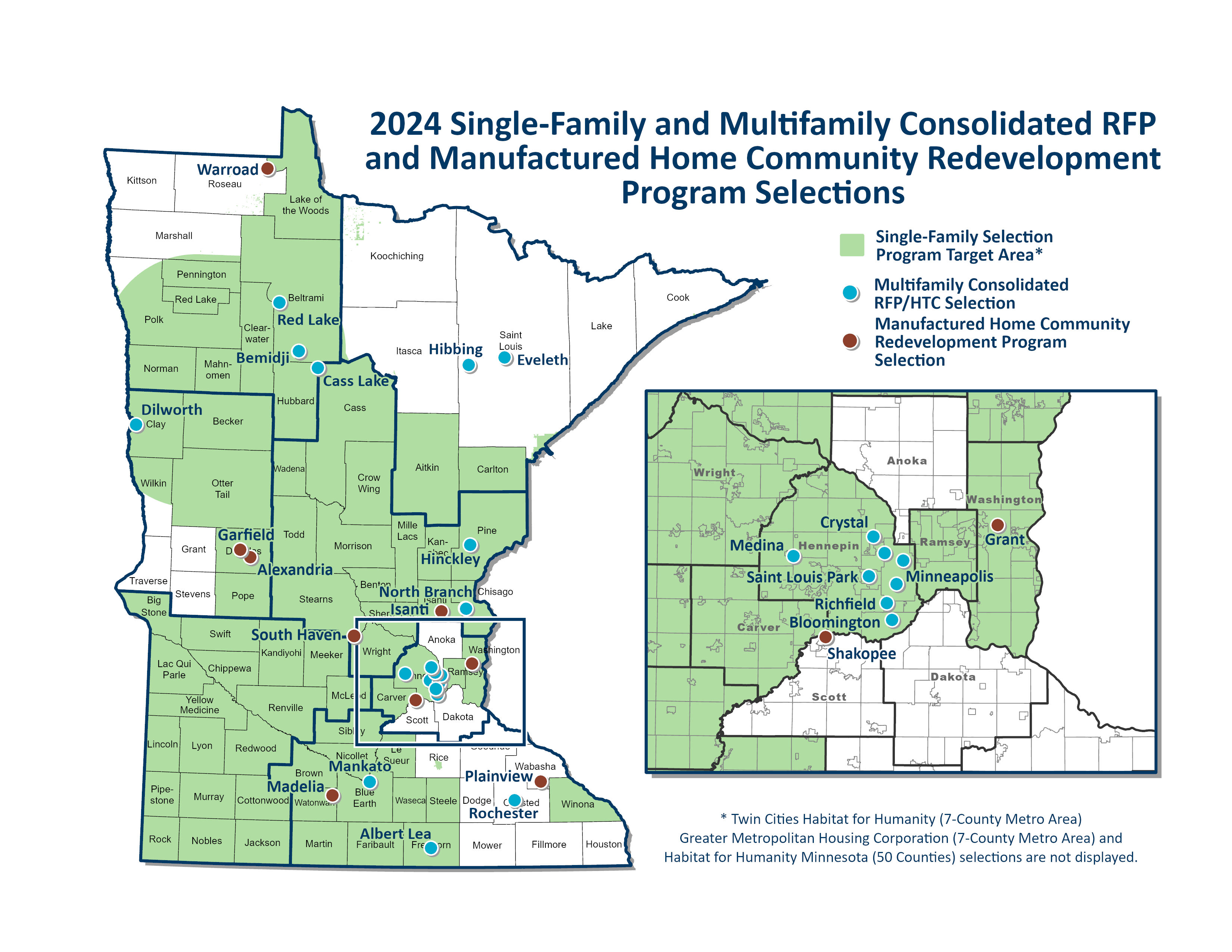 Statewide map with Twin Cities Metropolitan Area inset of 2024 selections