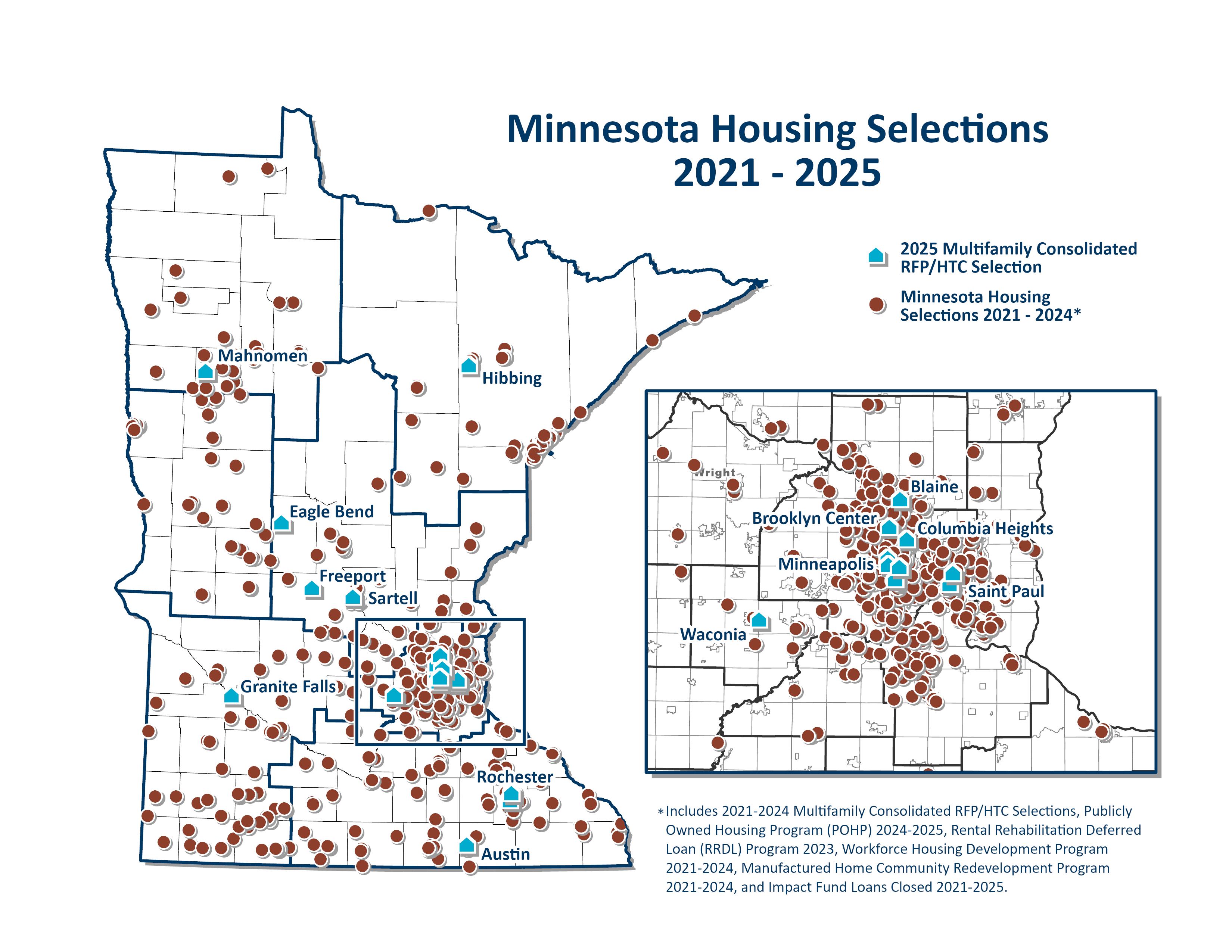 Minnesota map and inset of the Twin Cities Metropolitan Area with selection sites marked statewide