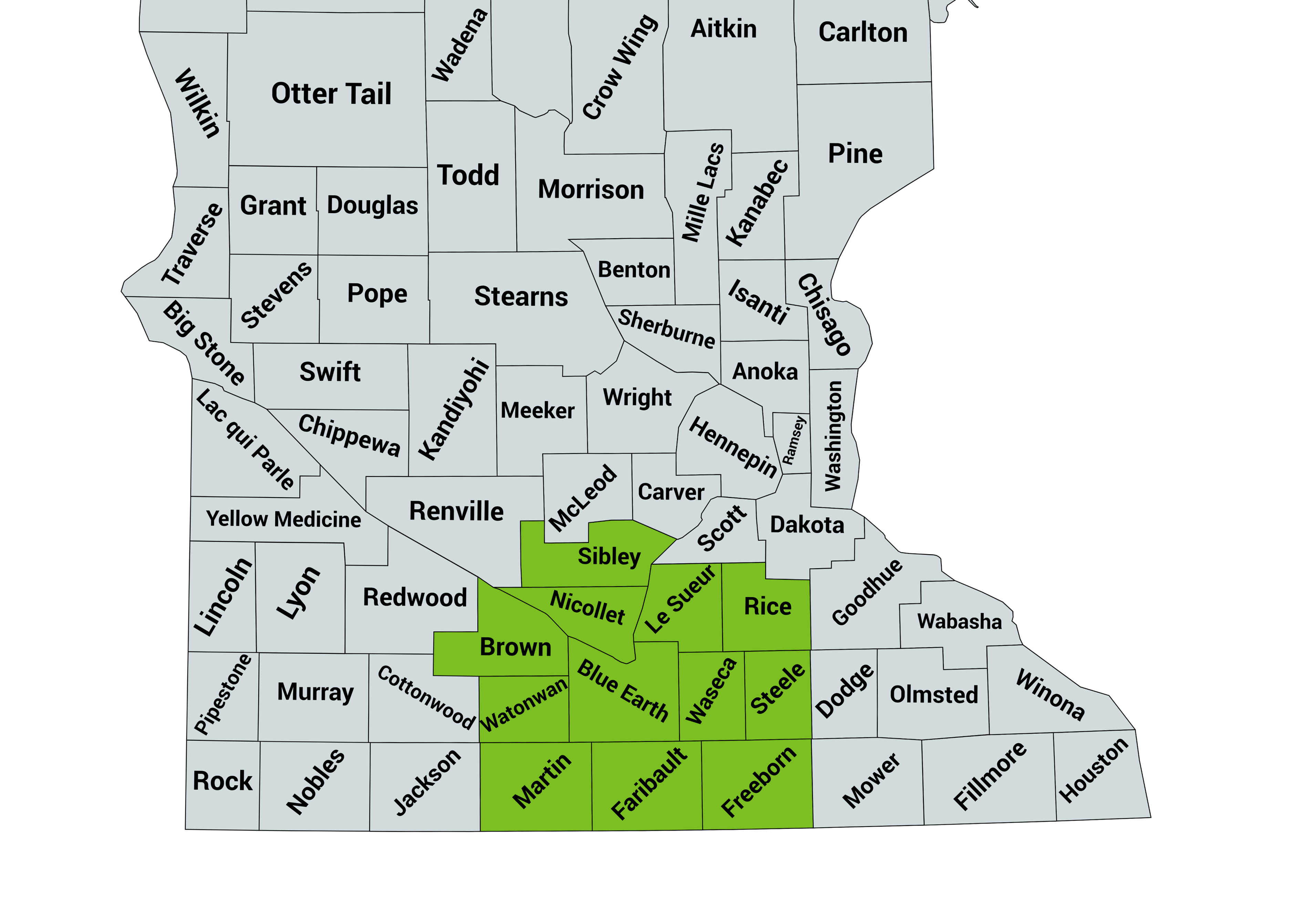Map of Minnesota with south central counties highlighted.